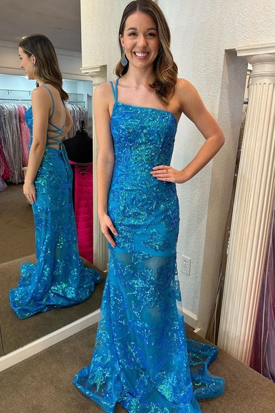 Mermaid One Shoulder Sequin Lace Long Prom Dresses ,PD230375