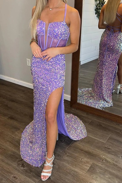Mermaid Sparkly Lilac Long Corset Sequined Prom Dress With Slit,PD230380