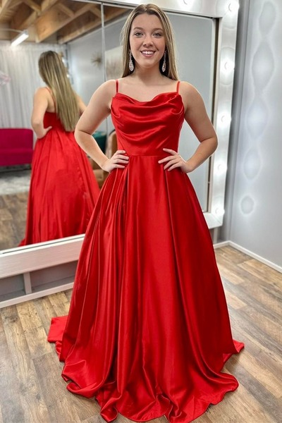 A-Line Red Cowl Neck Spaghetti Strap Long Prom Dress,PD230381