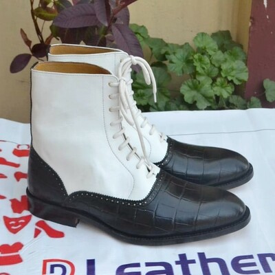 Black White Crocodile Texture Leather Ankle High Lace up Dress Boot For Men