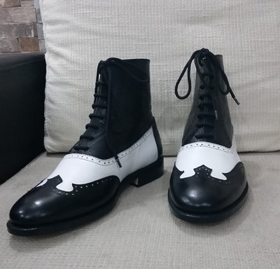Black White Leather Classic Wingtip Ankle High Lace up Dress Boot