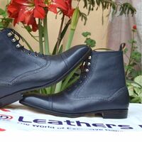 Crated Leather Handmade Blue Ankle High Lace up Dress Boot For Men - Thumbnail 1