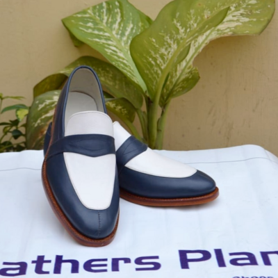 Handmade Blue White Moccasin Loafers Dress Shoes For Men