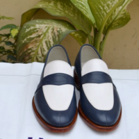 Handmade Blue White Moccasin Loafers Dress Shoes For Men - Thumbnail 1