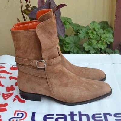 New Handmade Brown Suede Leather Ankle High Cowboy Monk Boot