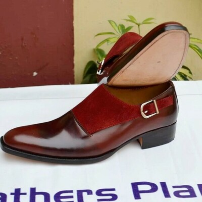 Crafted leather classic men handmade burgundy calf and suede leather single monk strap dress shoes - Thumbnail 4