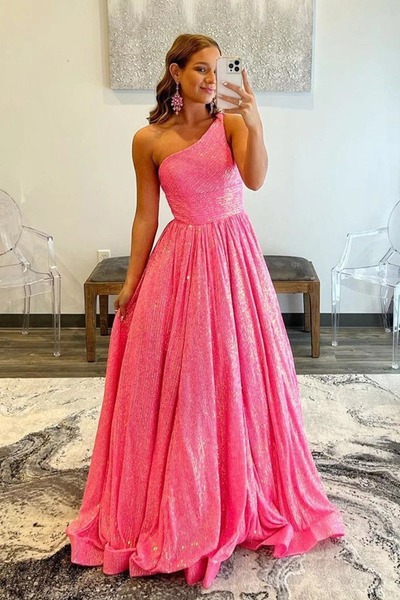 A Line Sparkly Pink One Shoulder Sequins Prom Dress,PD230383