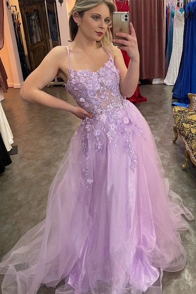 A-line Lilac Appliques Straps Long Prom Dress,PD230385