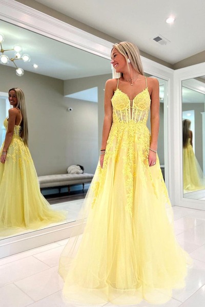 A-Line Yellow Tulle Spaghetti Straps Long Prom Dresses with Appliques,PD230388