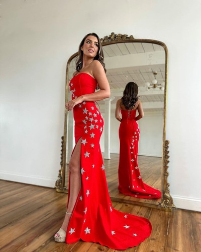 Charming Mermaid Red Satin Straplessm Long Prom Dresses with Slit,PD230389