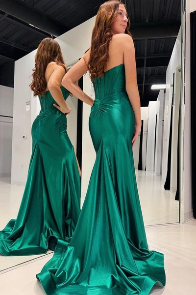 Mermaid Emerald Satin Long Prom Dresses with Detachable Shoulder Straps,PD230393