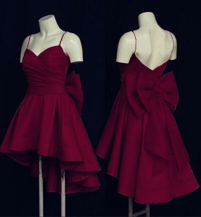 Cute High Low Short Burgundy Prom Dress with Bow,1800