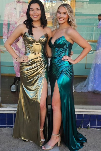 Green Mermaid Strapless Satin Long Prom Dresses with Slit,PD230401