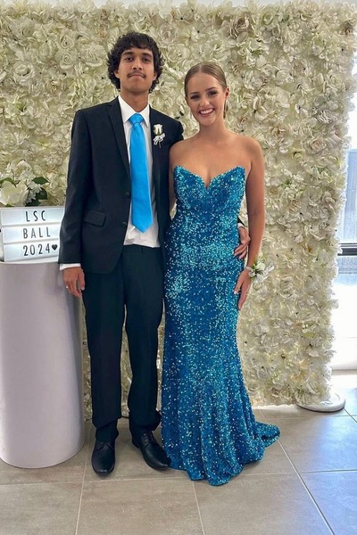 Strapless Mermaid Blue Sequins Long Prom Dresses,PD230404
