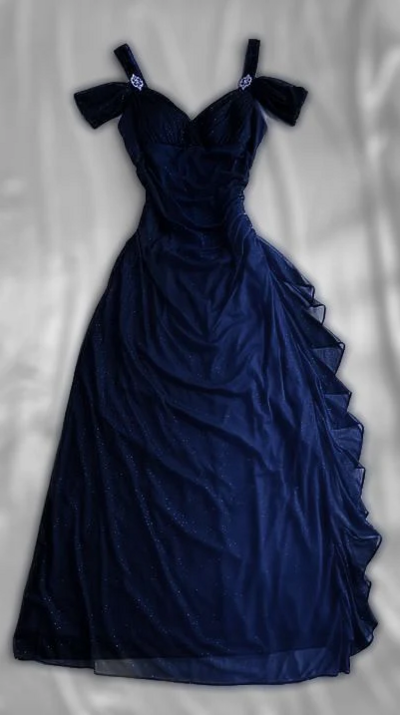 Off Shoulder Royal Blue Straps Ruffle Chiffon Prom Dresses