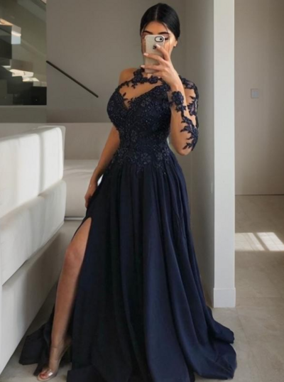 A-Line Scoop Sweep Navy Blue Train Satin Prom Dresses With Slit