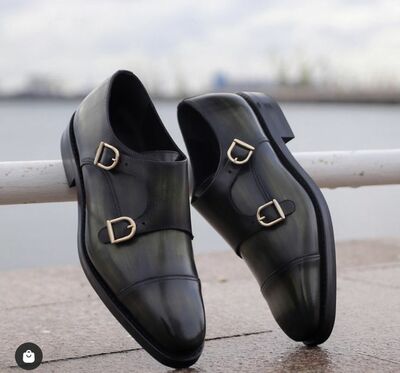Handmade Stylish Black Double Monks Strap Dress Shoes