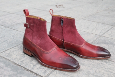 Crafted Leather Classic Men Genuine Leather and Suede Side Zipper Ankle High Buckle Strap Dress Boot