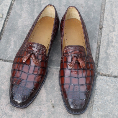 Crafted leather brown patina crocodile/alligator leather men tassel loafers shoes - Thumbnail 4