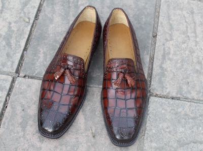 Crafted Leather Brown Patina Crocodile/Alligator Leather Men Tassel Loafers Shoes