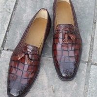 Crafted Leather Brown Patina Crocodile/Alligator Leather Men Tassel Loafers Shoes - Thumbnail 1