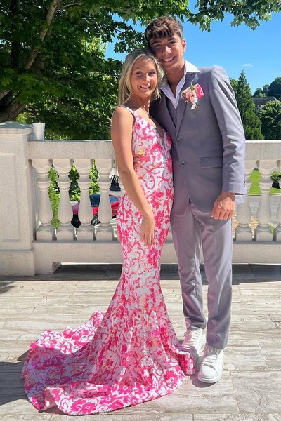 V Neck Mermaid Blue Sequins Lace Prom Dresses,PD230412