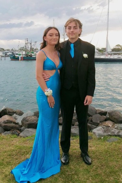 V Neck Mermaid Blue Satin Prom Dresses,PD230413
