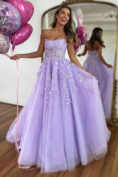 Cute Ball Gown Lavender Tulle Strapless Prom Dresses with Appliques,PD230414
