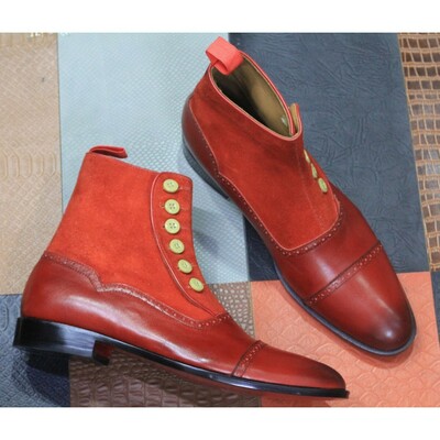 Handmade Ankle High Leather Suede Button Top Boot For Men's