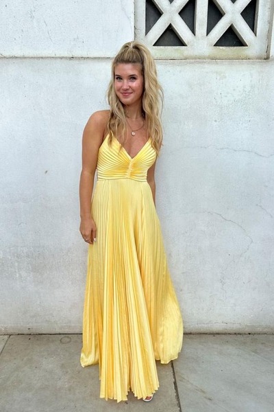 V Neck A Line Yellow Satin Long Prom Dresses ,PD230418