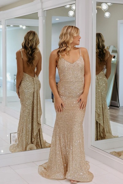 V Neck Gold Sheath Prom Dresses,PD230423