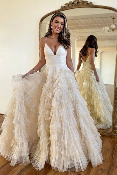 V Neck A Line Champagne Tulle Long Prom Dresses ,PD230424