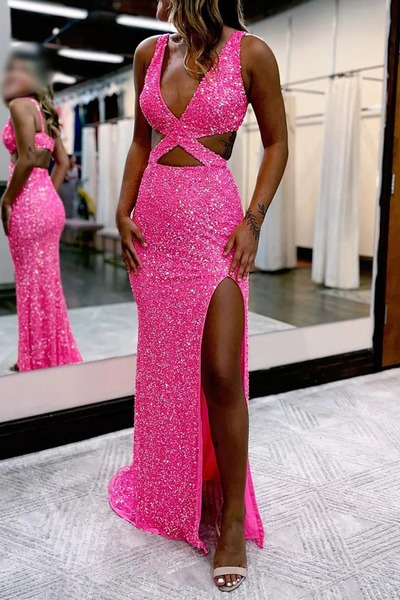 Mermaid Hot Pink Sequins Hollow-Out Prom Dress ,PD230426
