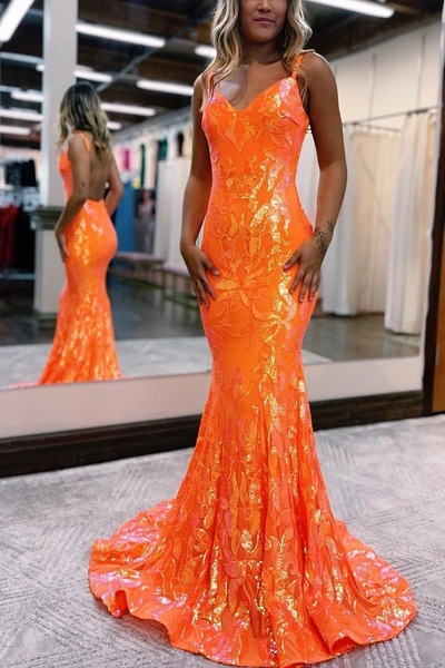 V Neck Mermaid Orange Sequins Long Prom Dresses ,PD230427