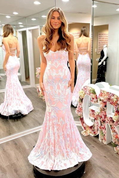 Strapless Mermaid Blush Pink Long Prom Dresses,PD230428