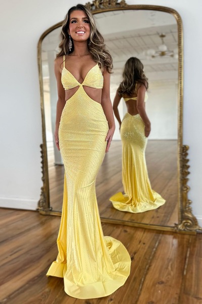 V Neck Mermaid Yellow Satin Long Prom Dresses with Beading,PD230431