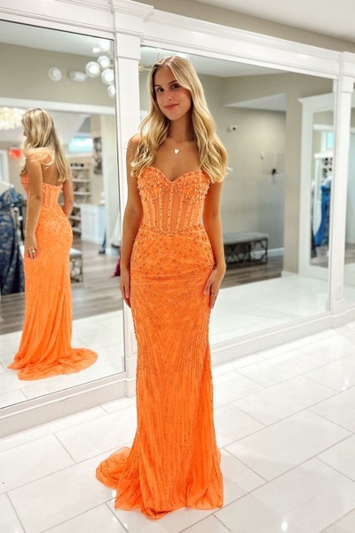 V Neck Mermaid Orange Sequins Long Prom Dresses with Beading,PD230432