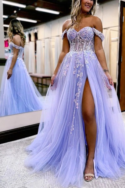 Off the Shoulder A Line Lavender Tulle Prom Dresses with Slit,PD230439