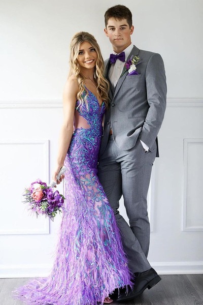 Mermaid Purple Sequins V Neck Long Prom Dresses with Feather,PD230441