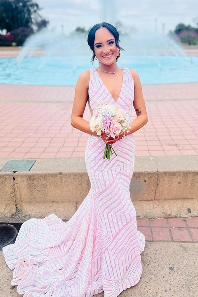 Mermaid Light Pink Sequins V Neck Long Prom Dresses,PD230446