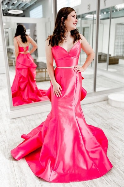 Long Pink V Neck Satin Two Piece Prom Dresses with Ruffle,PD230449