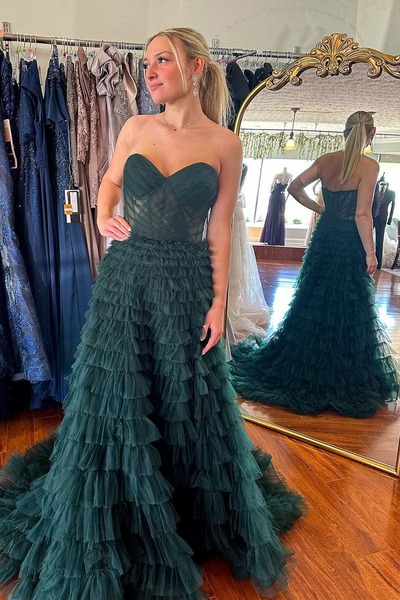 Strapless Dark Green Ruffle Tiered Tulle Long Prom Dresses,PD230451