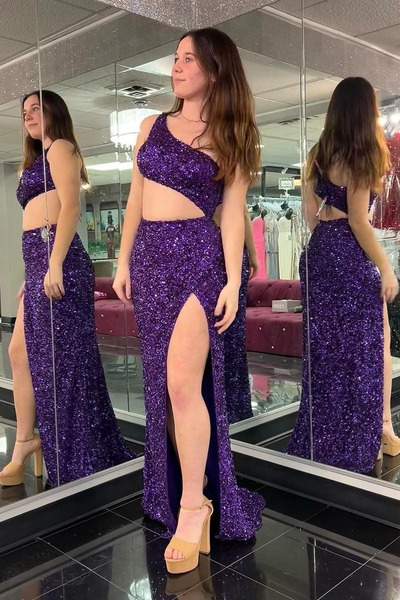 Mermaid Purple One Shoulder Sequins Long Prom Dresses,PD230455