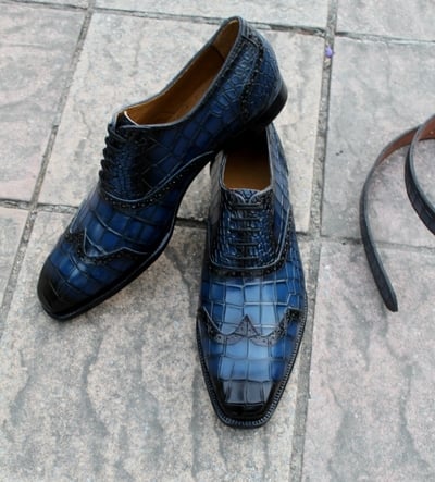 Crafted Leather Handmade Blue Crocodile/Alligator Wingtip Dress Shoes with Matching Belt