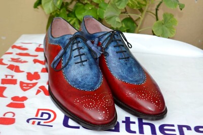 Crafted Leather Men Blue Patina Red Leather Oxford Formal Dress Classic Lace up Shoes
