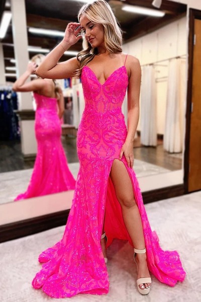 Fuchsia Mermaid V Neck Sequins Long Prom Dresses with Slit ,PD230460