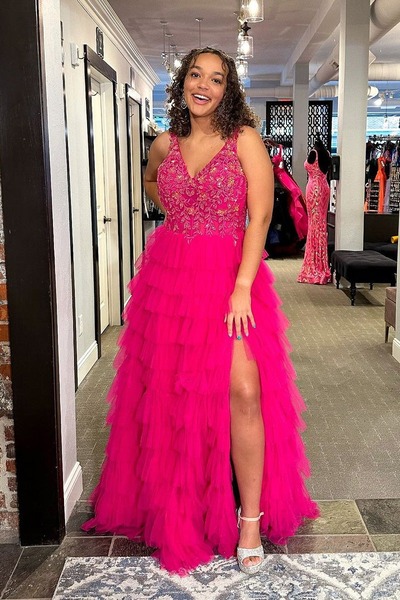 Fuchsia Ruffle Tiered Tulle V Neck Long Prom Dress with Appliques,PD230463