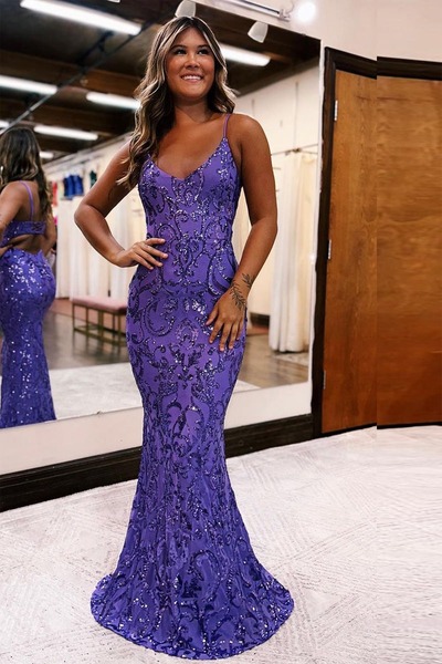 Purple Mermaid V Neck Sequins Lace Long Prom Dresses,PD230464