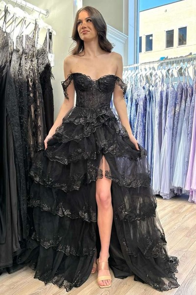 Off the Shoulder Ruffle Tiered Black Prom Dress with Slit,PD230465