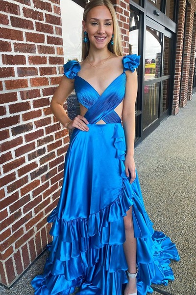 A-Line Blue V Neck Ruffle Satin Long Prom Dresses with Slit,PD230471